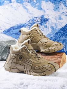 Men's Casual Winter Sneakers, Lace-Up Snow Boots With Plush Lining, Mech-Inspired Solid Color Mid-Top Faux Fur Shoes, Plus Size 45, Outdoor Cold-Proof Warm Casual Shoes, Thick Sole Anti-Slip Men's Snow Sports Shoes - Brown - View 2