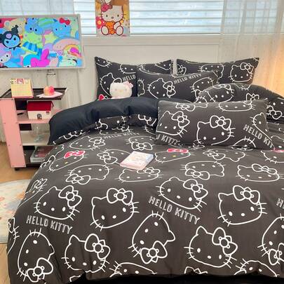 SANRIO 3 pièces Ensemble de literie imprimé mignon - Noir et Blanc (1 pièce housse de couette + 2 taies d'oreiller, sans rembourrage), taille dessin animé, doux et confortable, convient pour dortoir, chambre à coucher, hôtel, toutes saisons, avec fermeture éclair et taies d'oreiller, plusieurs couleurs disponibles, ensemble de literie surdimensionné