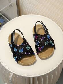 儿童时尚百搭休闲凉鞋，女童软底舒适印花可爱魔术贴凉鞋，幼儿学步鞋 - 黑色 - 查看 3