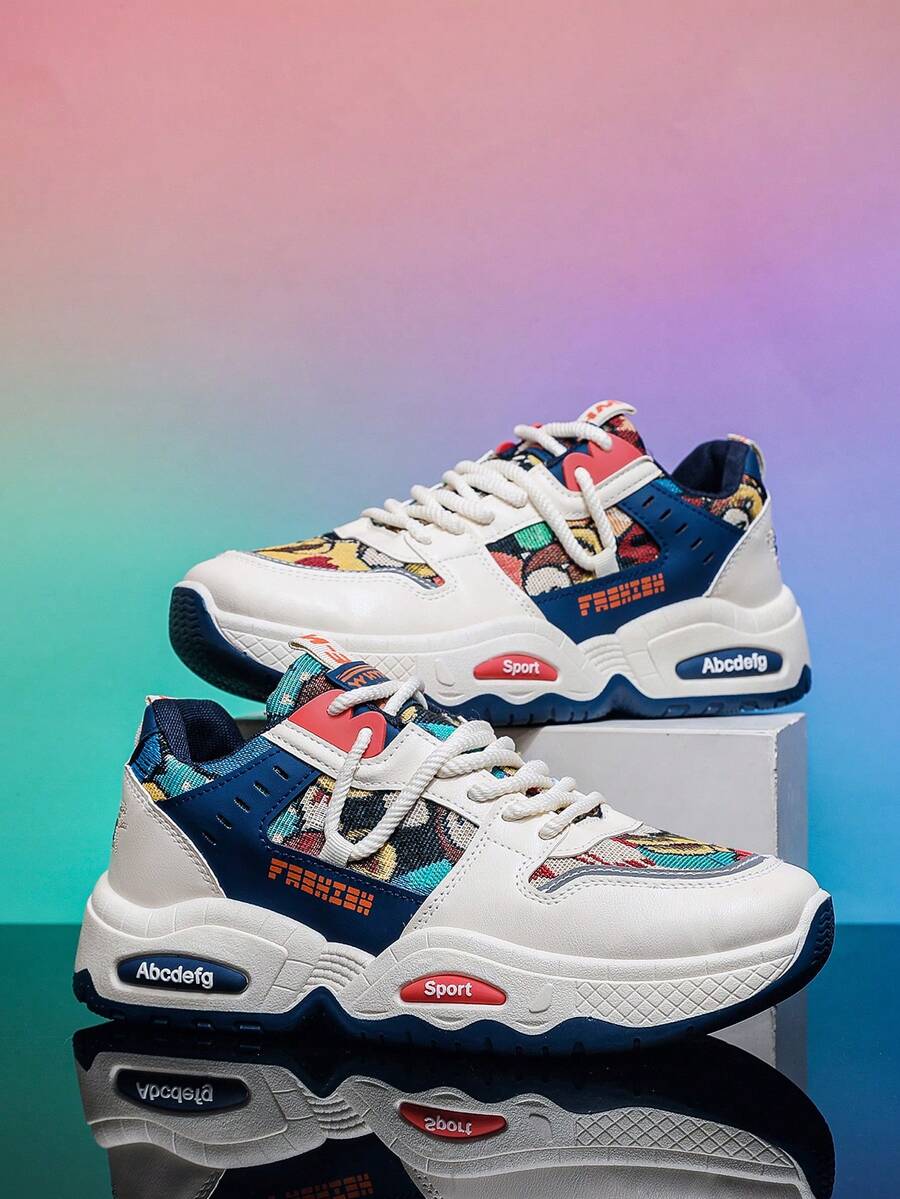 White And Blue Men's Casual Sneakers New Fashionable Sports Shoes For Men Comfortable, Lightweight And Versatile Graffiti Colors - Blue - View 1