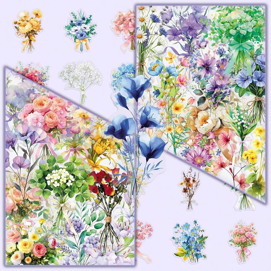 Conjunto de 50 adesivos florais transparentes, adesivos decorativos minimalistas com plantas para estante, álbum e espelho. - Multicolorido - Ver 1