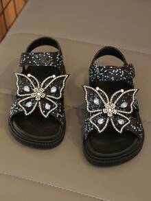 1 Pair Girls' Shiny Bowknot Elegant Princess Style Thick Sole Sandals, Non-Slip, Durable, Soft, Suitable For Party, Gathering, Daily Wear, Casual Outing - Black - View 11