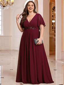 EVERPRETTY Robe de demoiselle d'honneur élégante en mousseline de soie à col en V avec volants aux manches, robe de soirée de cérémonie, robe pour invité de mariage - Rouge foncé - Voir 8