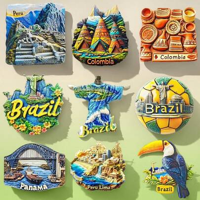 1个巴西、秘鲁、哥伦比亚、巴拿马3D冰箱贴，旅行纪念品家居装饰磁性贴纸