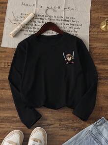 1pc Boys' Casual Cool Graphic Print Crew Neck Long Sleeve T-Shirt, Loose Fit Youth Streetwear Top, Autumn/Spring - Black - View 3