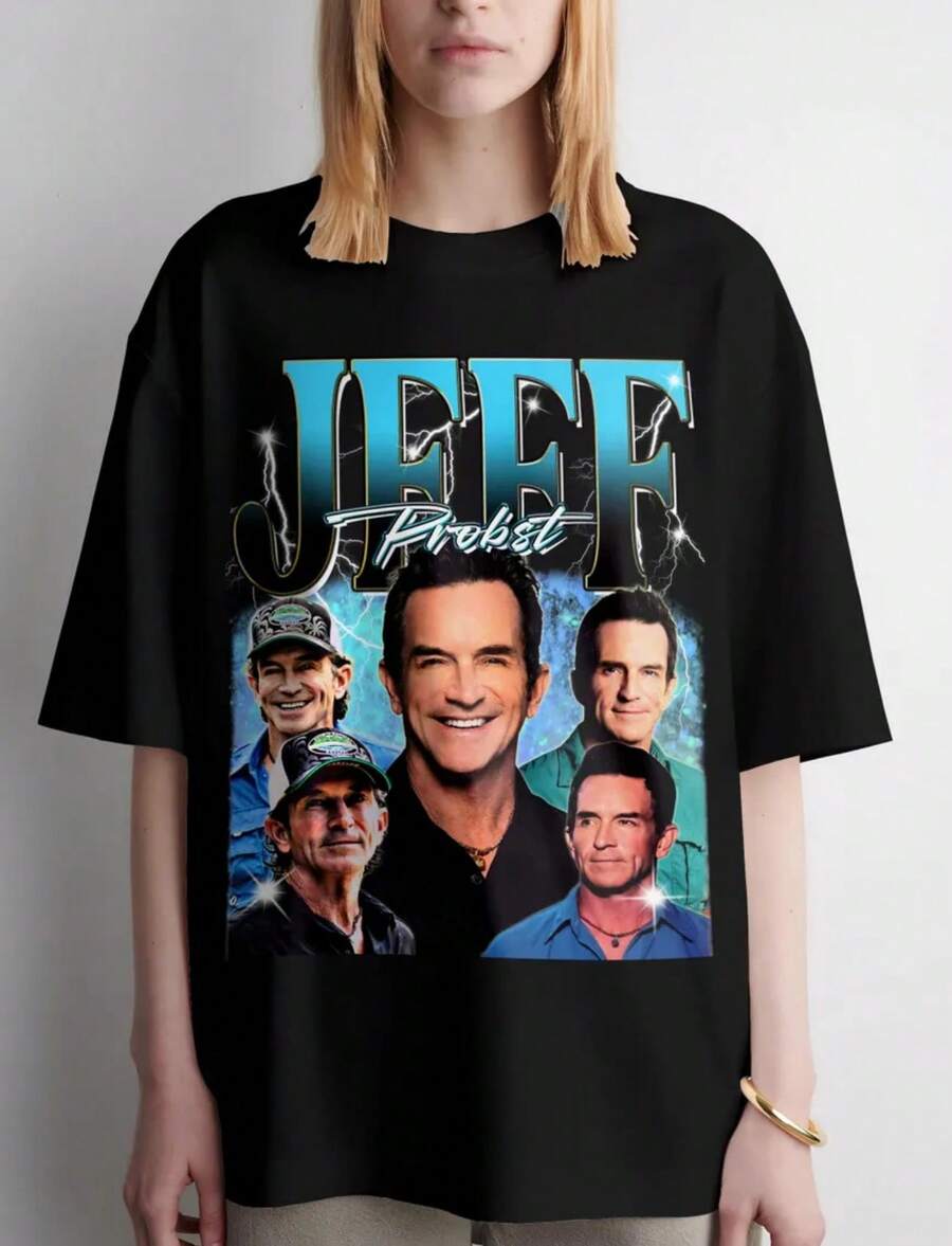 Vintage Jeff Probst T-Shirt, Faded Graphic Design - 黑色 - 查看 1