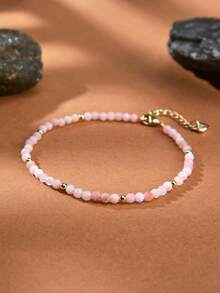 1pc Bohemian 18K Gold Plated Natural Crystal & Faceted Bead Bracelet, Suitable For Women's Daily Wear & Stacking - Pink Opal 2 - View 2