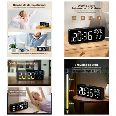 Reloj Digital de Pared 17cm con Hora, Fecha, Semana, Temperatura, Despertador Dual, Brillo Ajustable, Cuenta atrs, Cargar de, para Sala, Cocina, Dormitorio, Aula, Oficina Blanco