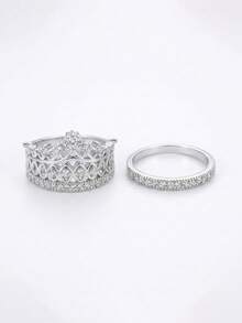 奢华皇冠公主风格戒指镶嵌方晶锆石，适合女性在婚礼、订婚和节日佩戴，可作为礼物 - 銀色 - 查看 5