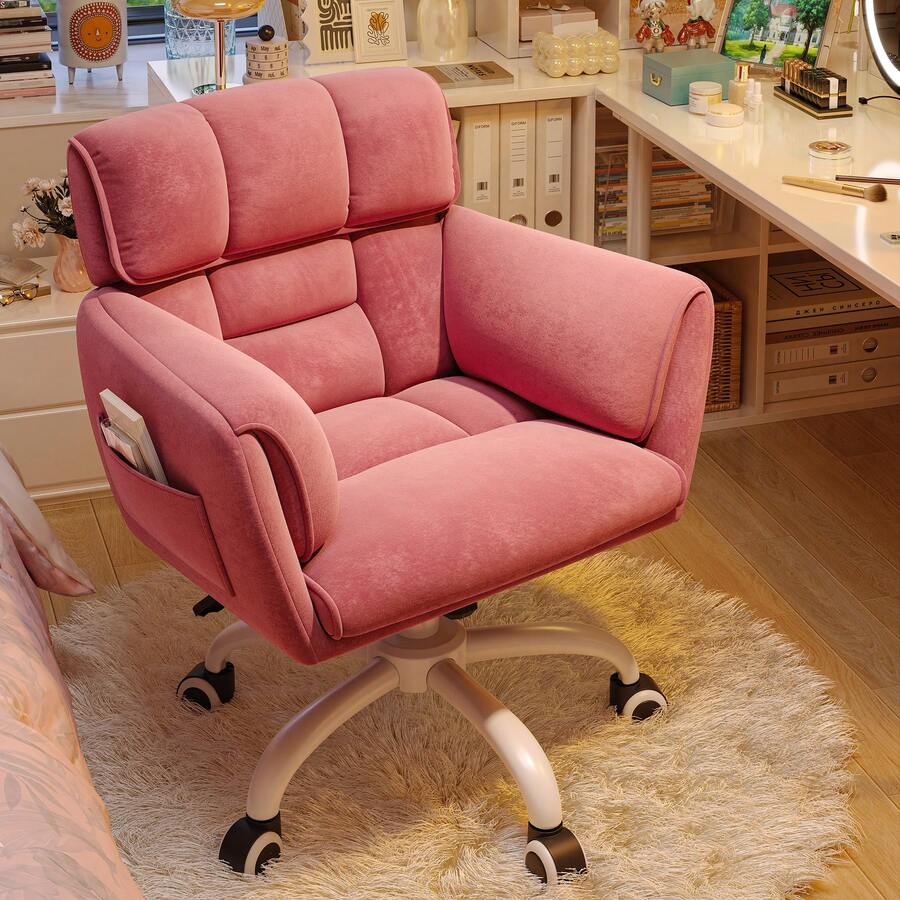 EnHomee Home Office Chair With Wheels & Side Pockets Vanity Chair Adjustable Height Soft Upholstered Modern Desk Chair With Backrest & Arm For Bedroom, Pink - Hồng - Xem 1