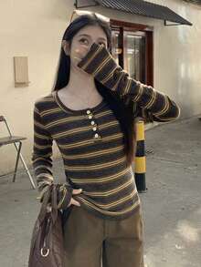 Contrast Striped Button Decorated Slim Fit Long Sleeve T-Shirt, Vintage Style Layering Top (Stripe Pattern Random) Casual Spring - Brown - View 2