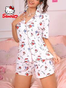 SANRIO Pajamoom 女士两件套睡衣，字母和熊印花，翻领，纽扣睡衣衬衫，白色短袖短裤睡衣，可爱睡衣套装，温馨家居服套装。 - 白色 - 查看 4