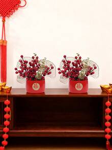 1件人造风水柑橘盆栽，家居客厅新年庆祝，寓意财源滚滚，乔迁新居红色植物盆栽装饰 - 紅色-1pc - 查看 3