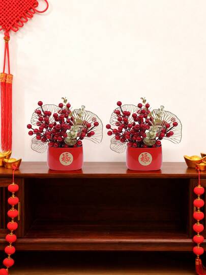 1pc Artificial Feng Shui Citrus Bonsai, Home Living Room New Year Celebration, Prosperous Wealth, Wedding Housewarming Red Plant Potted Decor