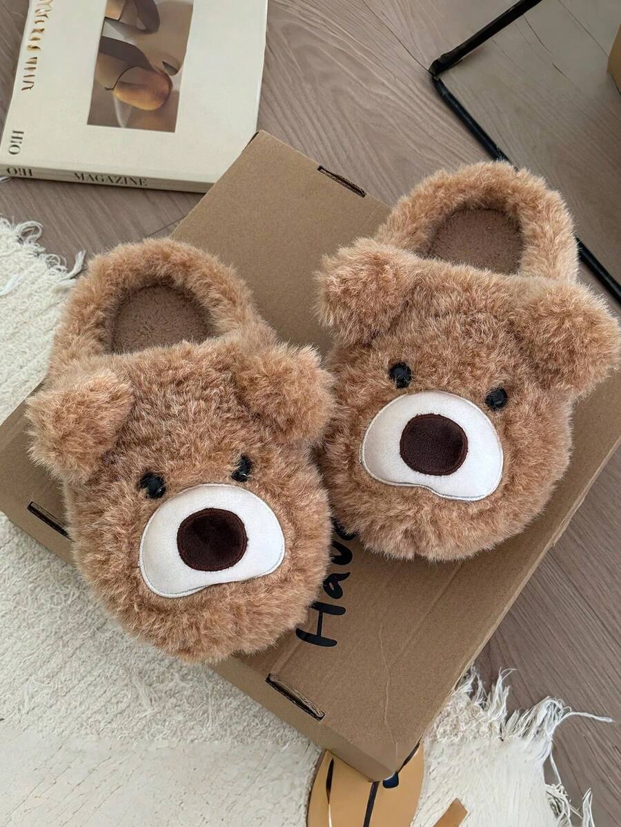Pantuflas de mujer - Pantuflas de casa de mujer - Pantuflas de peluche con diseño de oso marrón lindo para mujer, pantuflas suaves y cómodas para interiores con suela antideslizante y cálida - Marrón - Ver 1