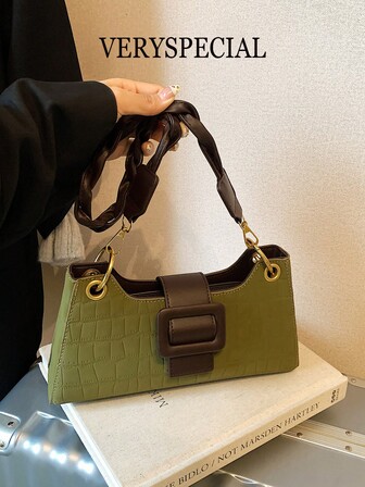 1 件 Maillard 棕色高端法棍包，复古棕色哑光鳄鱼纹 PU 翻盖单肩包，配编织绳肩带，优雅通勤斜挎包，女士