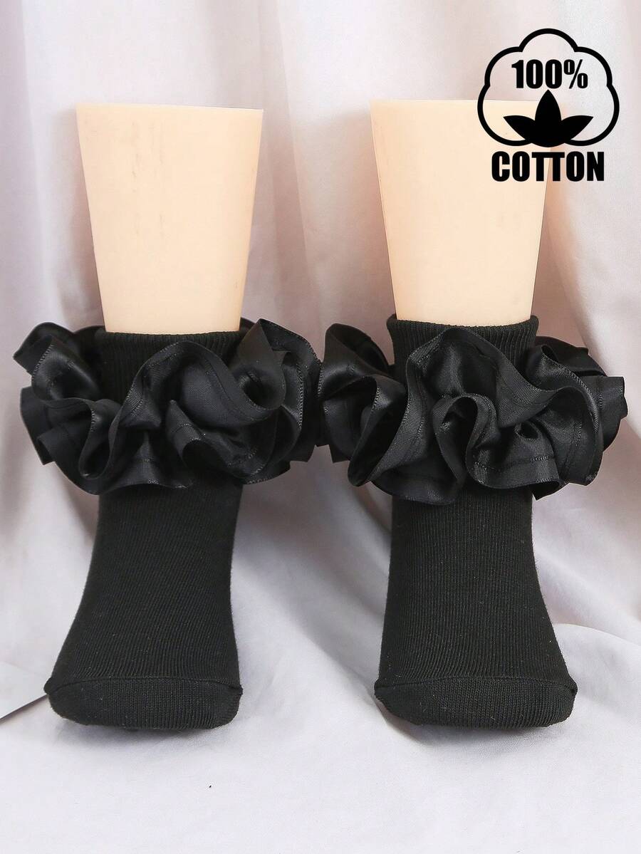 1 Pair Cotton Baby/Toddler Girls' Socks With Big Lace Ruffle, Princess Dance Socks - Black - View 1