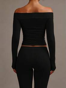 XLLAIS Fall Winter Clothes For Women 2025 Sexy Long Sleeve Black Off The Shoulder Tops High Strech Hollow Out Fitted T Shirt Christmas Party Wear - Black - View 4