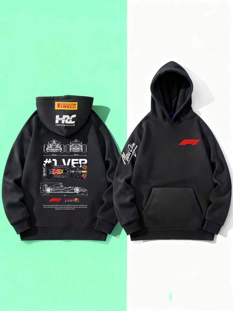 Verstappen #1 VEP F1 Racing Blueprint Print Hooded Sweatshirt, Unisex, Comfortable For Autumn And Winter, With Pockets, Washable, Suitable For Everyday Wear, Outdoor Activities, Sports Events, And More. - 黑色 - 查看 1