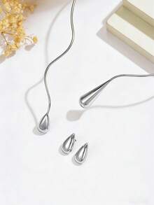 一套三件复古优雅时尚项链耳环首饰套装，简约百搭的开口水滴吊坠项链耳环套装，适合女性日常、宴会、派对等场合佩戴。 - 銀色 - 查看 5