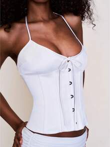 Women's Tie Front Button Down Cami Top Y2k Spaghetti Strap Square Neck Satin Bustier Corset Tops Lace Up Camisole Going Out Top - 白色 - 查看 2
