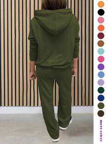 Women's Casual 2-Piece Set, Solid Color Elegant Long Sleeve Hooded Sweatshirt With Drawstring Pocket And Straight Leg Drawstring Pants Suit Spring - Army Green - View 2