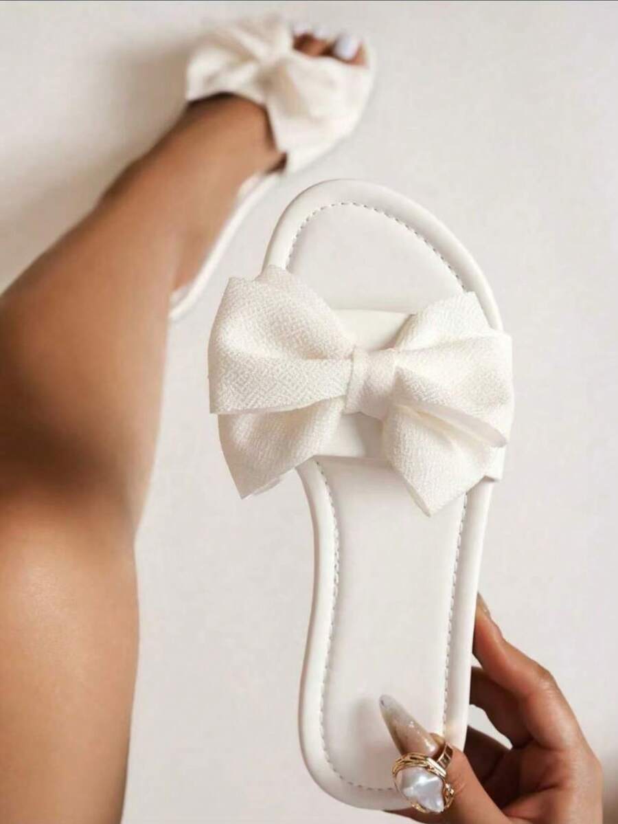 Women's Flat Sandals Slippers 2025 New Bowknot Outdoor Soft Bottom Lightweight Breathable Flat Beach Slides - White - View 1