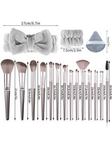 Zestaw 19 pędzli do makijażu, zawiera 14 pędzli z miękkiego włosia + 2 gąbki do makijażu + 1 opaskę na głowę + 2 opaski na nadgarstki, kompletne narzędzia do makijażu dla początkujących - Srebro - Zobacz 7