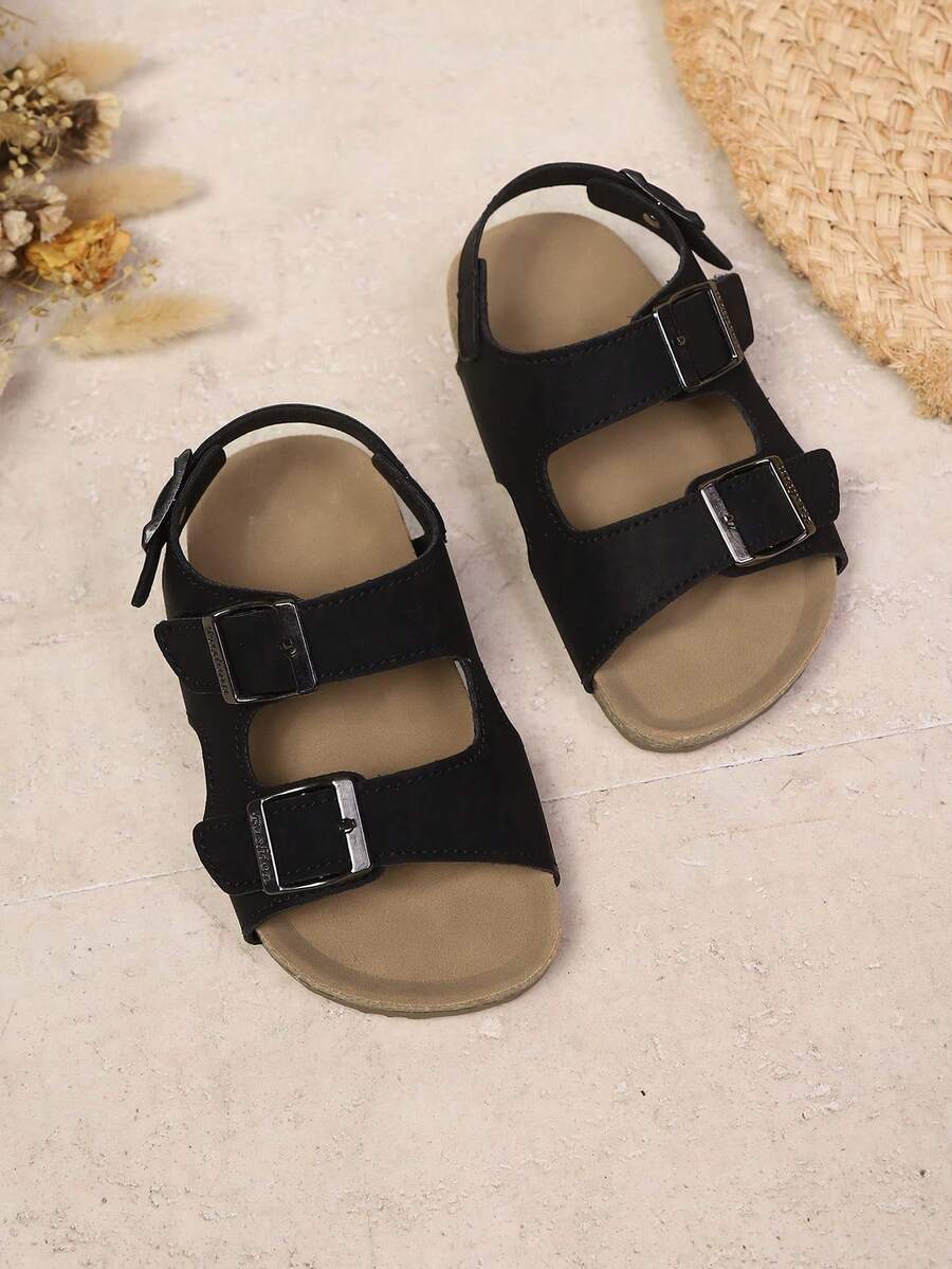 1 Pair Children Buckle Design PU Non-Slip Soft Bottom Open Toe Retro Sandals, Suitable For Summer - Black - View 1