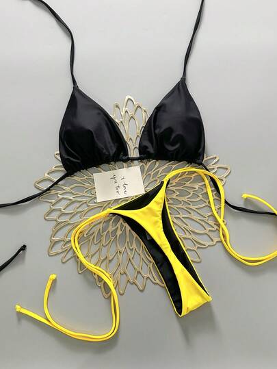 2pcs Casual Elegant Sexy Bohemian Floral Tie-Up Braided Bikini Swimsuit, Suitable For Beach Vacation, Spring/Summer