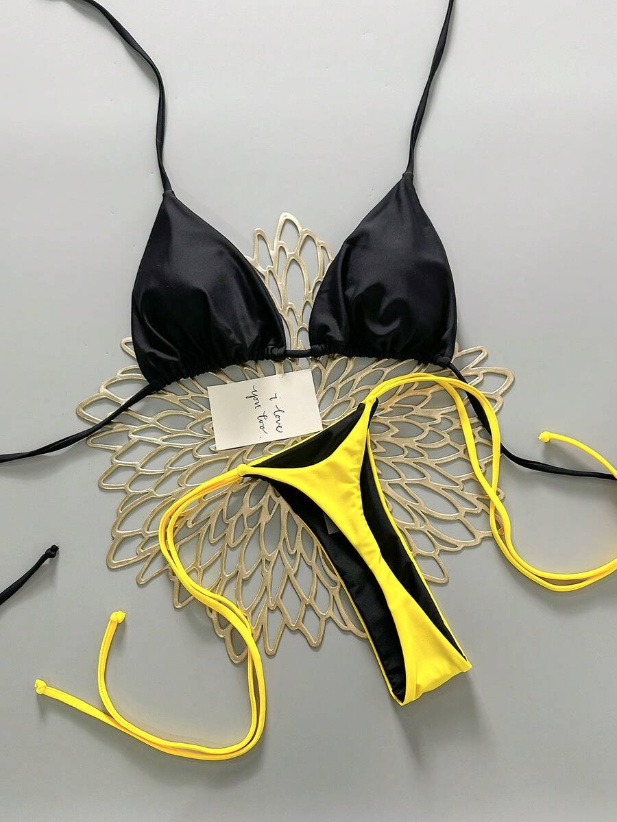 两件套休闲优雅性感波西米亚风花卉系带编织比基尼泳衣，适合海滩度假、春夏穿着 - 黑色 - 查看 1