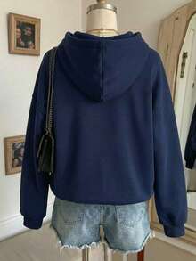 Sudadera con capucha informal de largo regular para mujer, color gris , con cordón ajustable, gráfico de tortuga atrapa olas y tejido ligeramente elástico. - Azul Marino - Ver 2