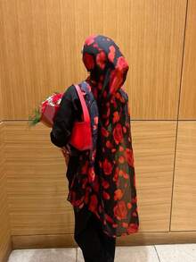 1件装女士波西米亚渐变玫瑰印花单面头巾，秋冬街头风围巾，适合日常佩戴 - 紅色 - 查看 7