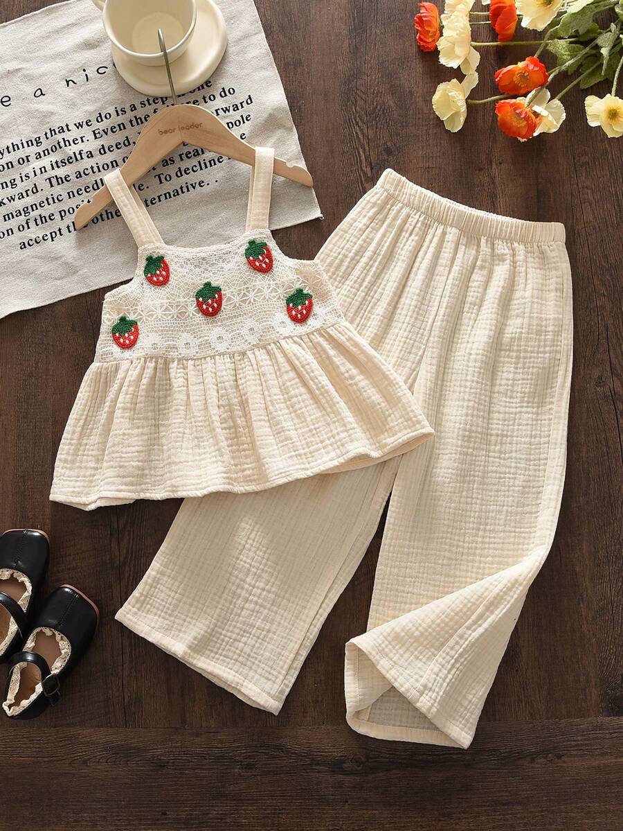 Bộ 2 món áo ba lỗ và quần dài họa tiết hoa dệt ruy băng cho bé gái, thích hợp mặc mùa hè. - Màu be - Xem 1