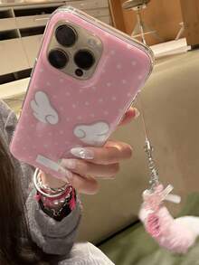 Cute Pink Bottom Polka Dot Wings Phone Case Compatible With IPhone 17 16 15 14 13 12 11 Pro Max With Plush Pink Star Pendant Lovely Soft Back Cover For Girl - Pink Polka Dot Wings - View 2