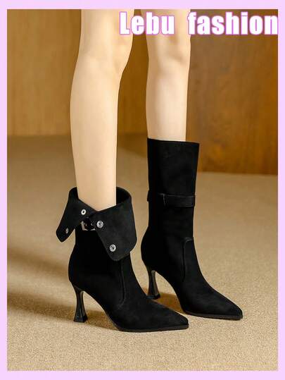 Qiluyuan Women's Fashion Boots, Elastic Slim Fit Boots For Autumn/Winter, New French Style High Heel Pointed Toe Leather Buckle Decor Fold-Over Dual-Wear Boots, Suitable For Casual, Holiday, Christmas, Date, Versatile