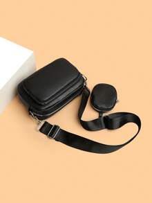 2pcs/Set Embroidered Strap Men's Mini Keychain Pouch Valentine'S Day Phone Bag - Black - View 3