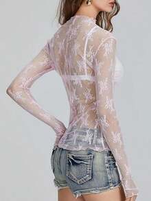 Women's Sheer Lace Mesh Top, Fashionable Slim Fit Long Sleeve Faux Collar Floral Blouse, Casual Outing T-Shirt - 粉色 - 查看 5