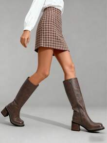 New Autumn/Winter Brown Over-The-Knee Chunky Heel Slim Boots, Classic Black Mid-Calf Riding Boots, Fashion Tall Boots For Women,Party - 棕色 - 查看 6