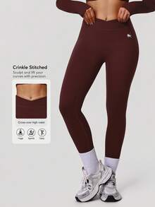 Sodalemon Women Cross Waist Fitness Leggings Training Yoga Gym No Front Seam Tights Elastic Running Sport Leggings - Burgundy - View 2