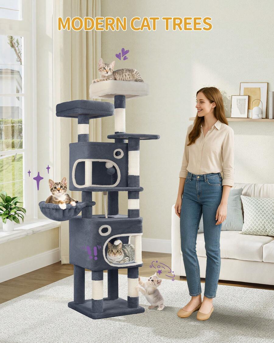 HEXCELEN 62.6" Cat Tree, Multi-Level Cats Condo With 8 Scratching Posts, Cat Tower For Indoor Cats, 3 Platforms, 2 Caves, Basket, Plush Balls, Sisal Rope, Anti-Tip Kit, Dark Grey - 深灰色 - 查看 1