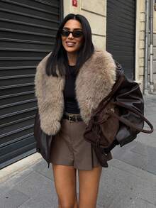 MUMRAP 女士休闲可拆卸人造毛领宽松长袖外套，街头时尚 - 棕色 - 查看 2