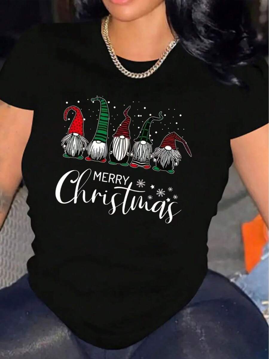 Women's Christmas T-Shirt Comfortable Round Neck Casual Cotton Blend Short Sleeves Soft Breathable Top Women's Clothing Summer Spring Streetwear - 黑色 - 查看 1