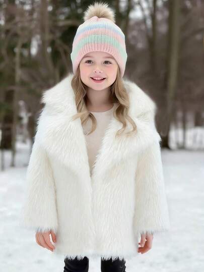 Young Girl Fluffy Coat, Solid Color Fashionable Princess Warm Jacket, New Winter Design