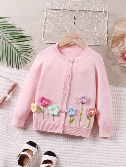Girls Floral Embroidered Cardigan Sweater, Fashionable Children's Outerwear, Spring/Autumn, Suitable For Outings, Parties, Occasions, Perfect Gift