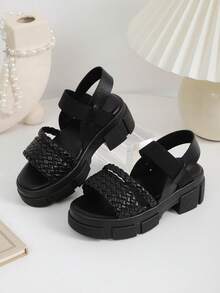 1 Pair Black Wedge Sandals For Teenage Girls, Soft & Comfortable PU Woven Strap Material, Elastic Back Strap Slip-On Design, Round Toe, 3CM Thick Heel, Fashion & Cute Roman Beach Sandals, Suitable For 3-15 Years Old Female Students For Daily, Casual, Beach, Holiday, Party Wear, Spring/Summer 2026 - Black - View 5