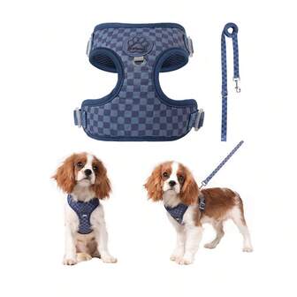Spring New Style Checkered Dog Harness & Leash Set With Soft Breathable Mesh, Back Circular Ring For Stability, Anti-Chafing Design, Adjustable Fit For Small Dogs – Stylish & Comfortable For Daily Walks Training. The Traction Rope Of The Same Color Series Is Equipped With Garbage Bag Rings