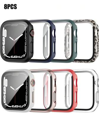 8 piezas Funda protectora universal de PC + vidrio templado de marco completo, resistente a golpes y con estilo, compatible con Apple Watch 40/41/42/44/45/46/49mm, compatible con Apple Watch Ultra/SE/Series 10/9/8/7/6/5/4, accesorios de smartwatch
