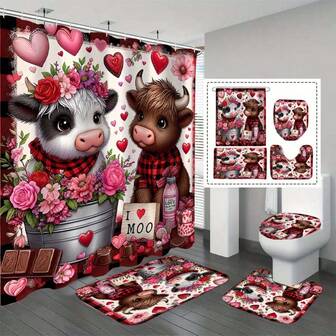 Juego de cortina de baño con diseño de corazón y vaca de dibujos animados para el Día de San Valentín, incluye 12 ganchos, alfombra antideslizante, tapa de inodoro y alfombra en forma de U - Tela de poliéster impermeable, adecuada para la decoración del baño