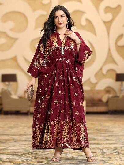Plus Size Arabian Dress For Women Notched Neck Batwing Sleeve Maroon Long Dress With Metallic Floral Print And Tassel Detail